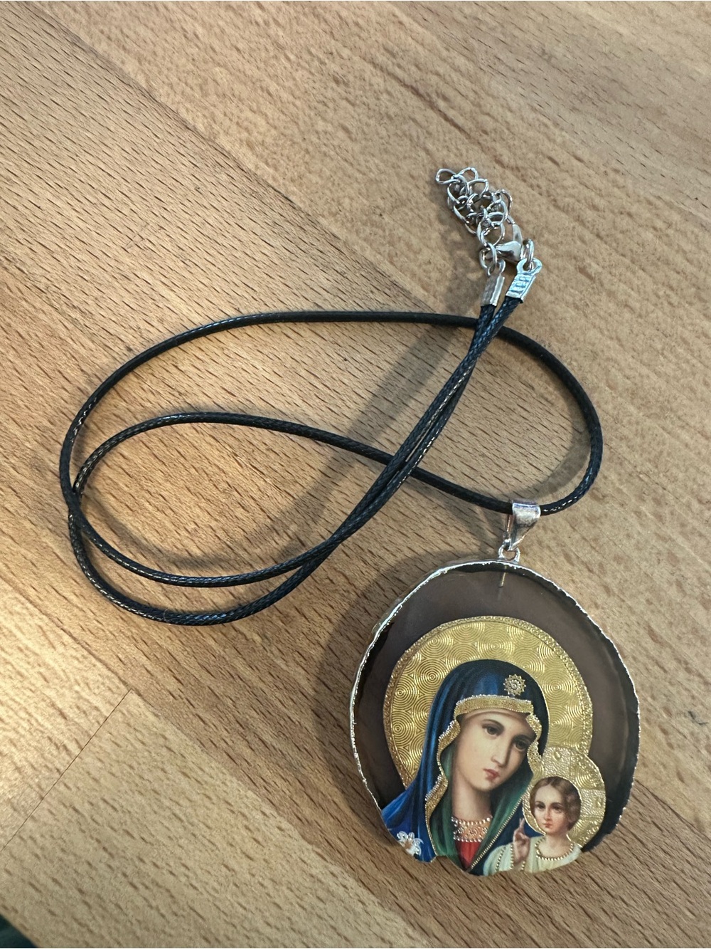 Religious Madonna and Child Pendant Necklace on Leather Cord